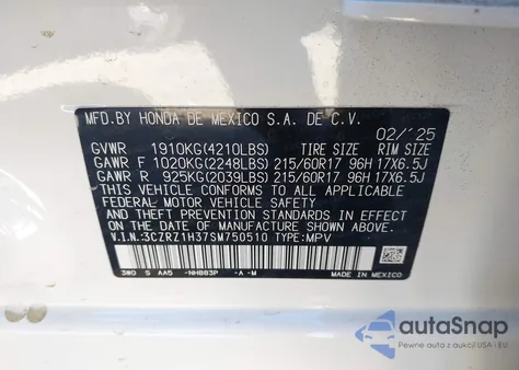 2025 Honda Hr-V 2Wd Lx from USA, damaged, VIN 3CZRZ1H37SM750510